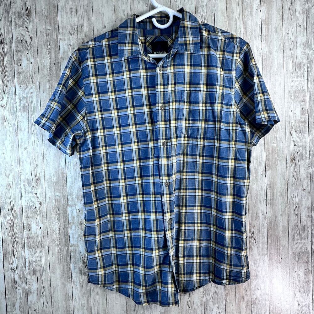 Prana Button Up Shirt Mens M Bue Plaid Collared‎ Short Sleeve Business Casual